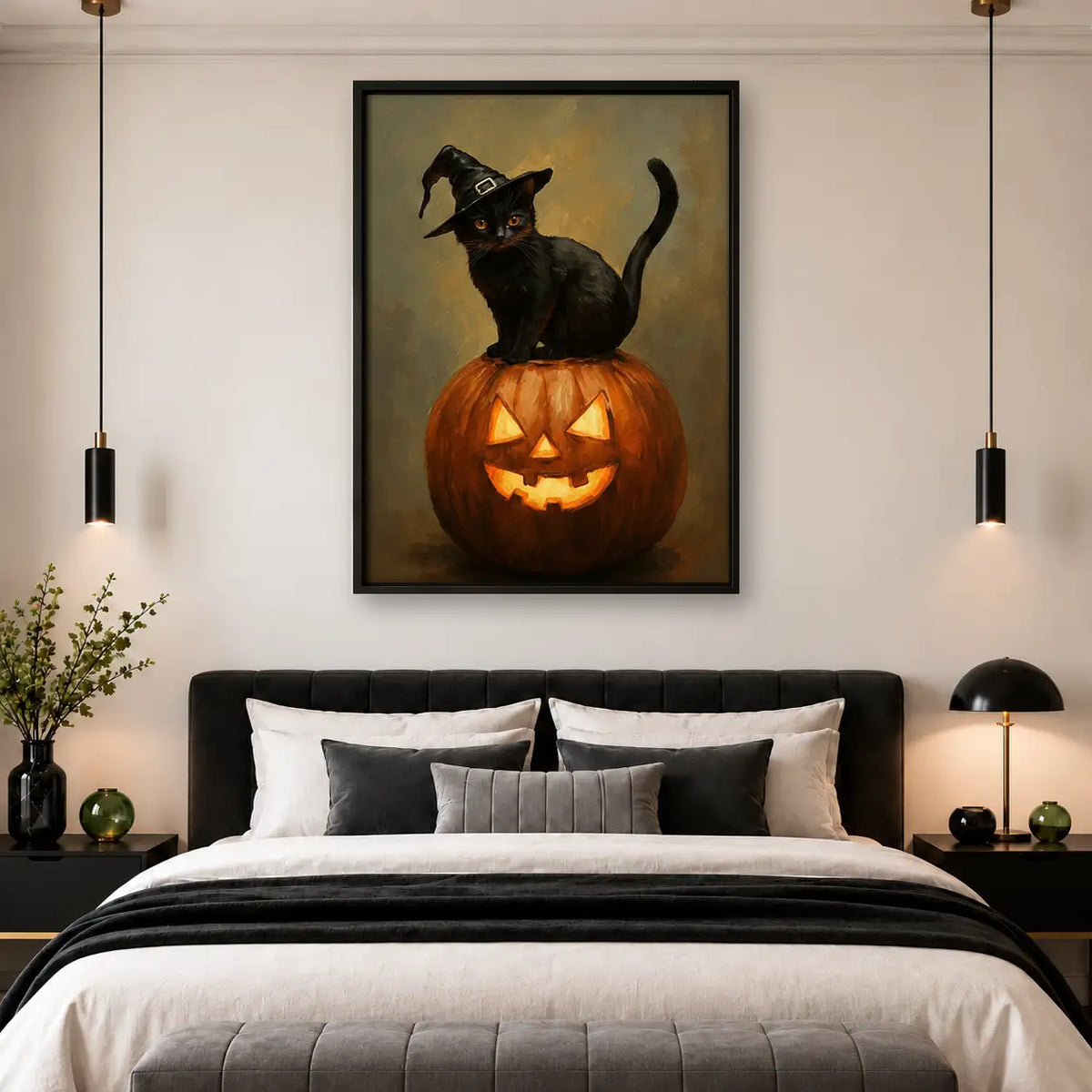 Black Cat Sitting on Jack O Lantern Wall Art 4