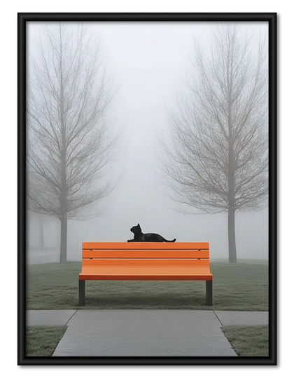 Black Cat Sleeping on Orange Park Bench Wall Art