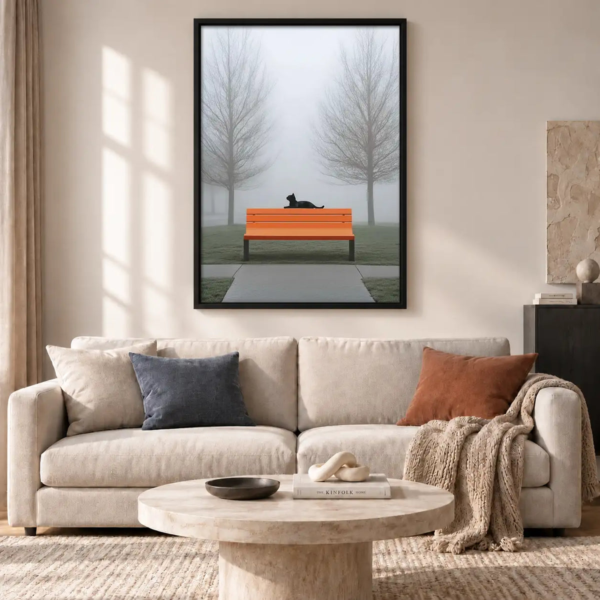 Black Cat Sleeping on Orange Park Bench Wall Art 2