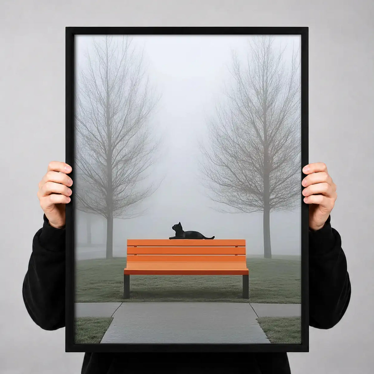 Black Cat Sleeping on Orange Park Bench Wall Art 3