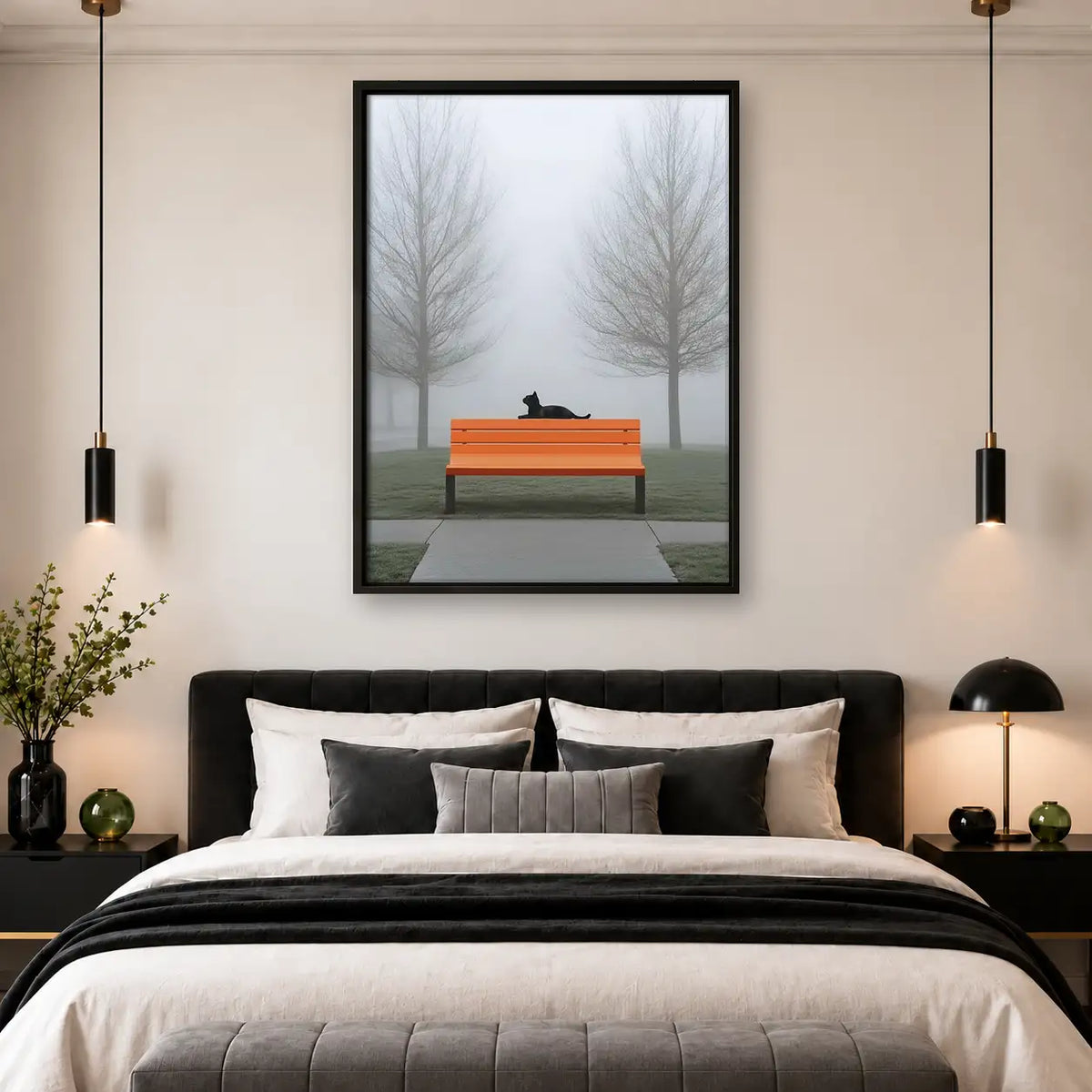 Black Cat Sleeping on Orange Park Bench Wall Art 4