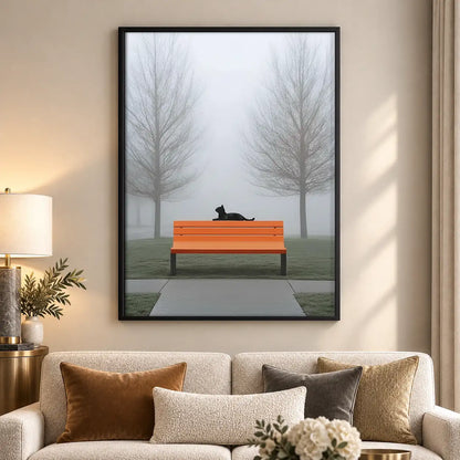 Black Cat Sleeping on Orange Park Bench Wall Art 5