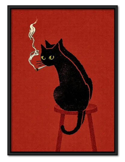Black Cat Smoking on Red Wall Art 1