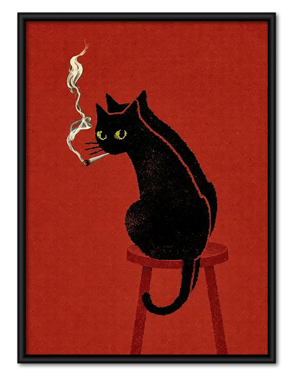 Black Cat Smoking on Red Wall Art