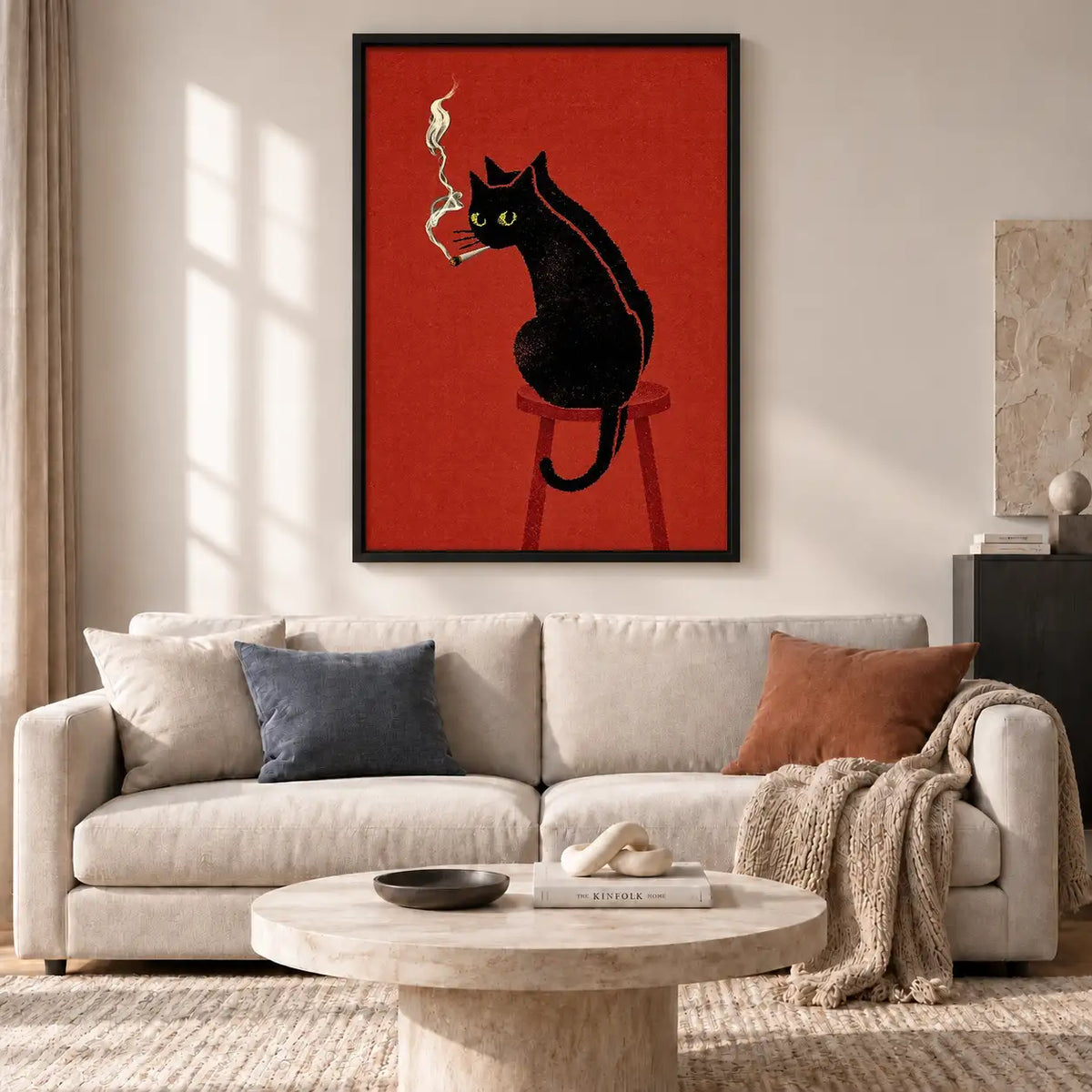 Black Cat Smoking on Red Wall Art 2