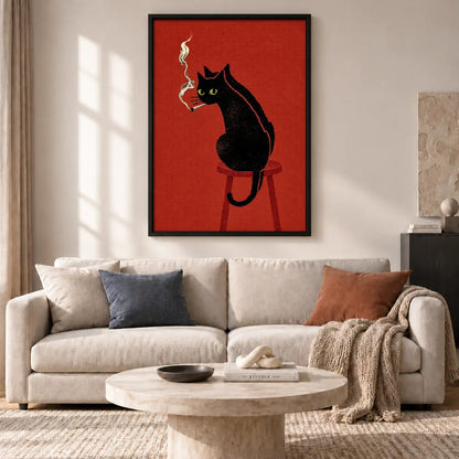 Black Cat Smoking on Red Wall Art 2