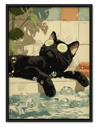 Black Cat Spa with Cucumber Eyes Wall Art
