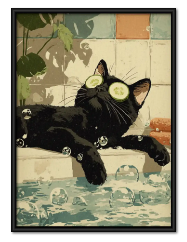 Black Cat Spa with Cucumber Eyes Wall Art