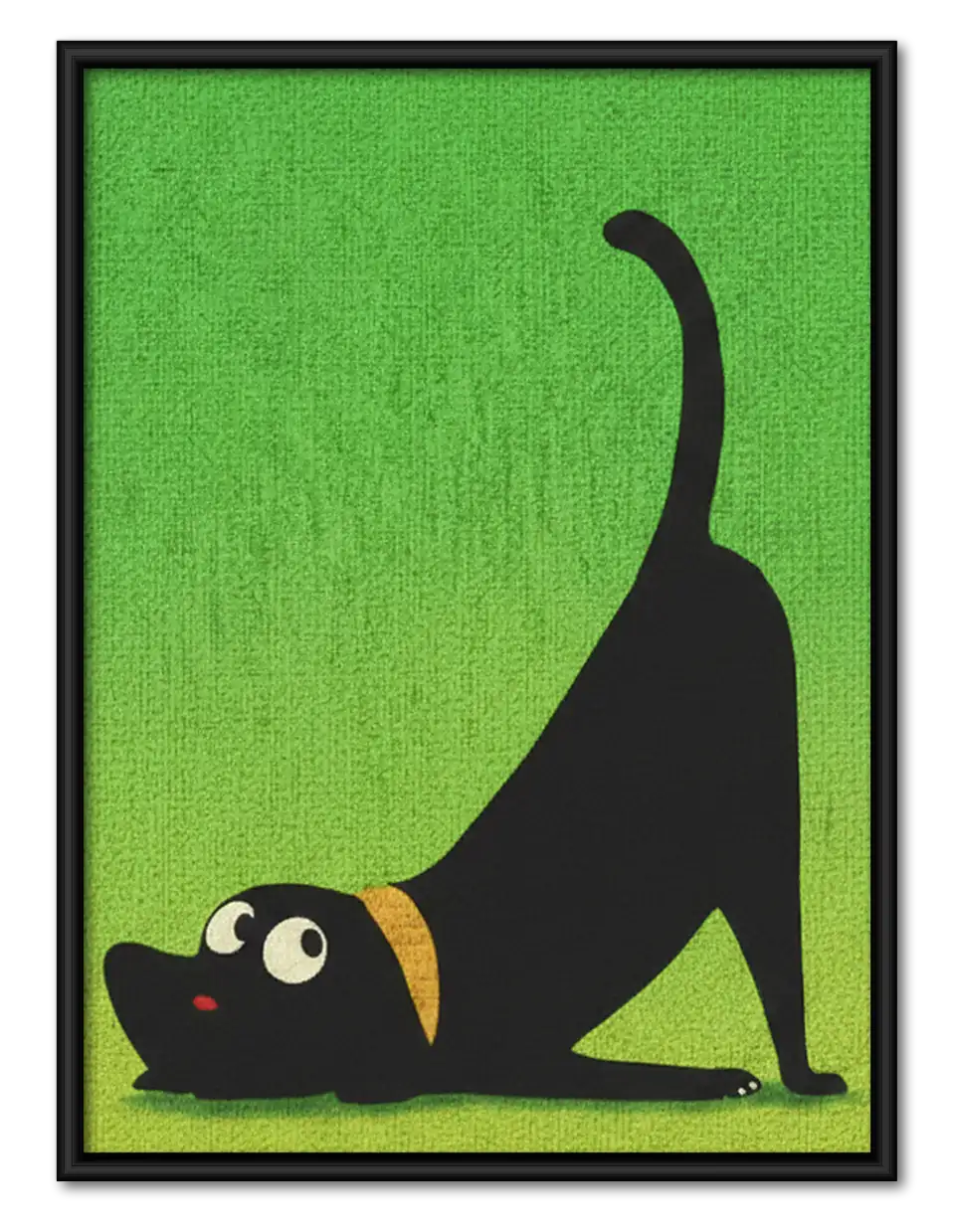 Black Cat Stretching on Green Wall Art 1