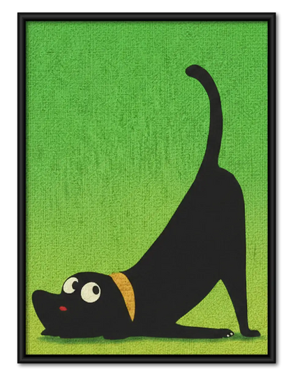 Black Cat Stretching on Green Wall Art