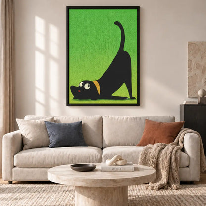 Black Cat Stretching on Green Wall Art 2