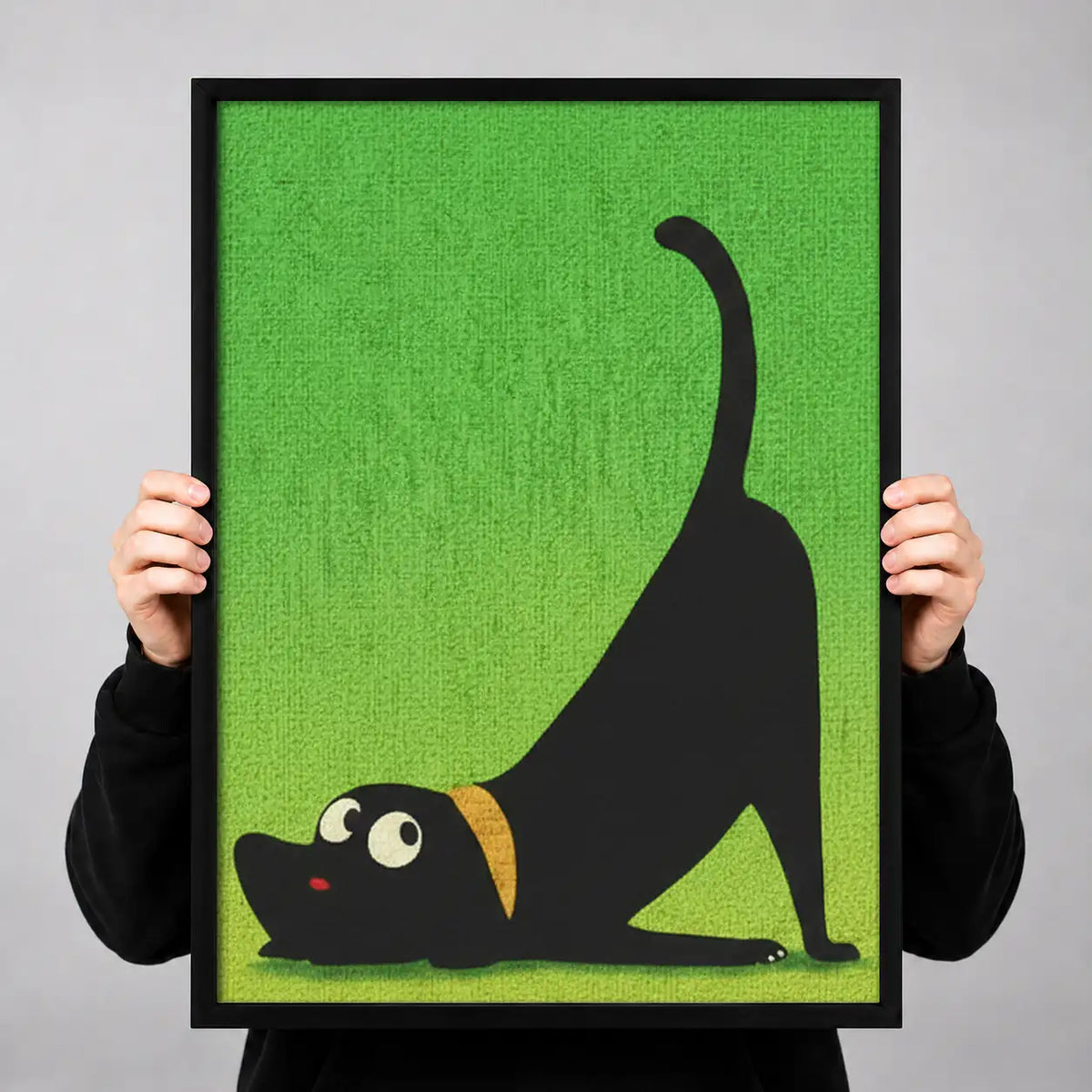 Black Cat Stretching on Green Wall Art 3