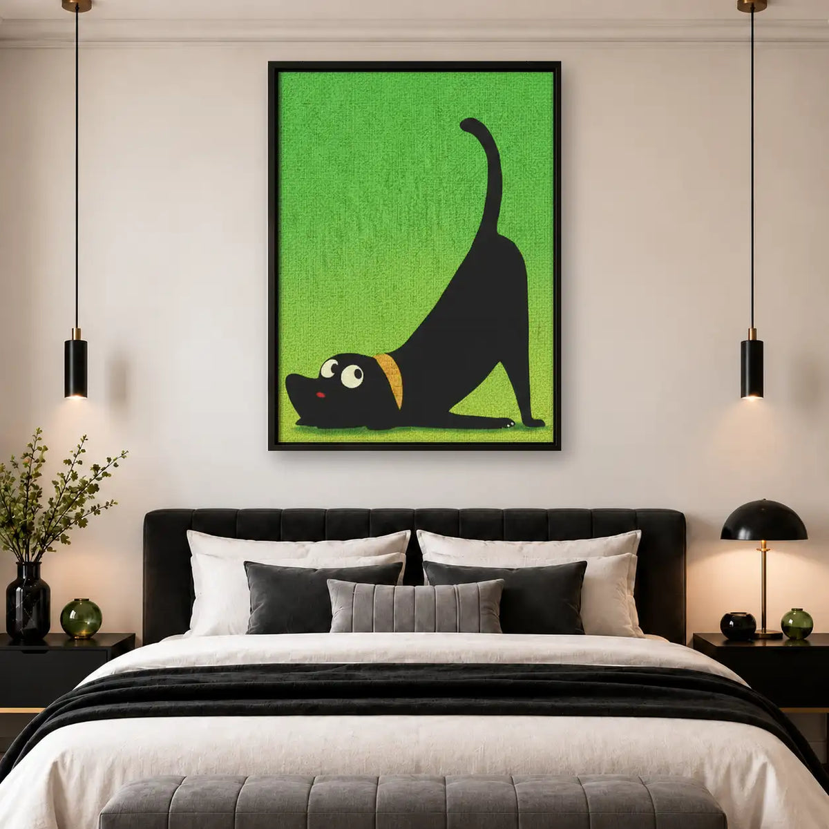 Black Cat Stretching on Green Wall Art 4