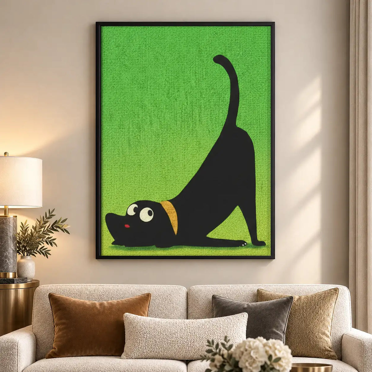 Black Cat Stretching on Green Wall Art 5