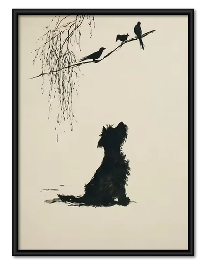 Black Cat Watching Birds in Tree Wall Art