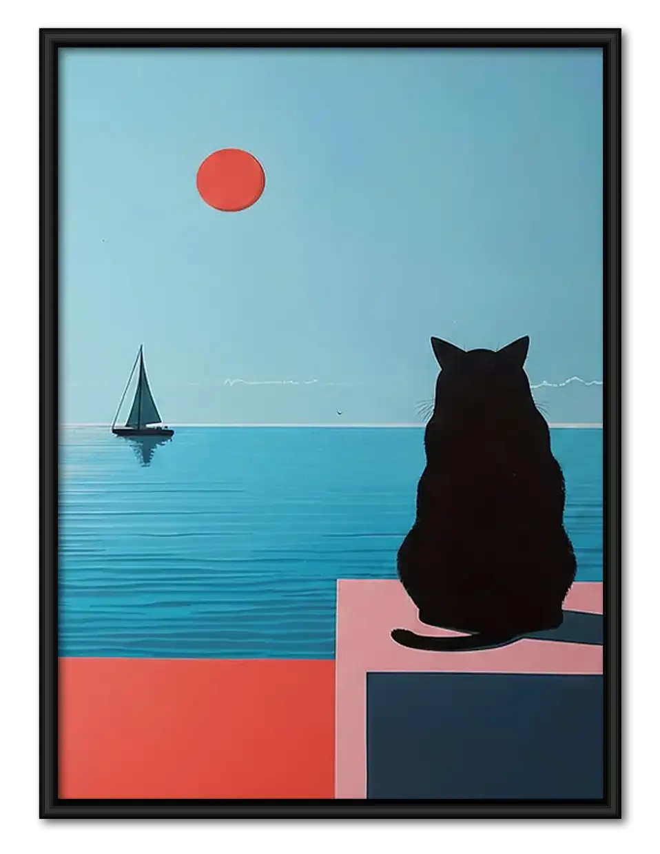 Black Cat Watching Blue Sailboat Wall Art 1