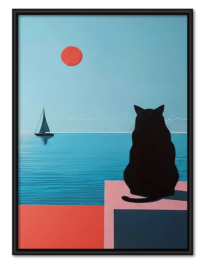 Black Cat Watching Blue Sailboat Wall Art