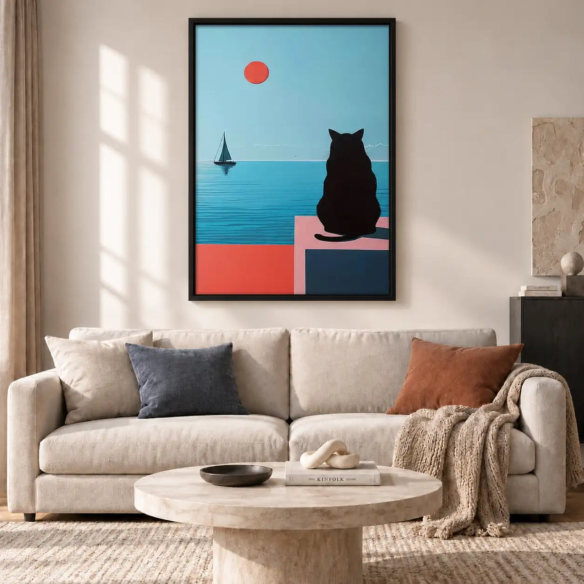 Black Cat Watching Blue Sailboat Wall Art 2