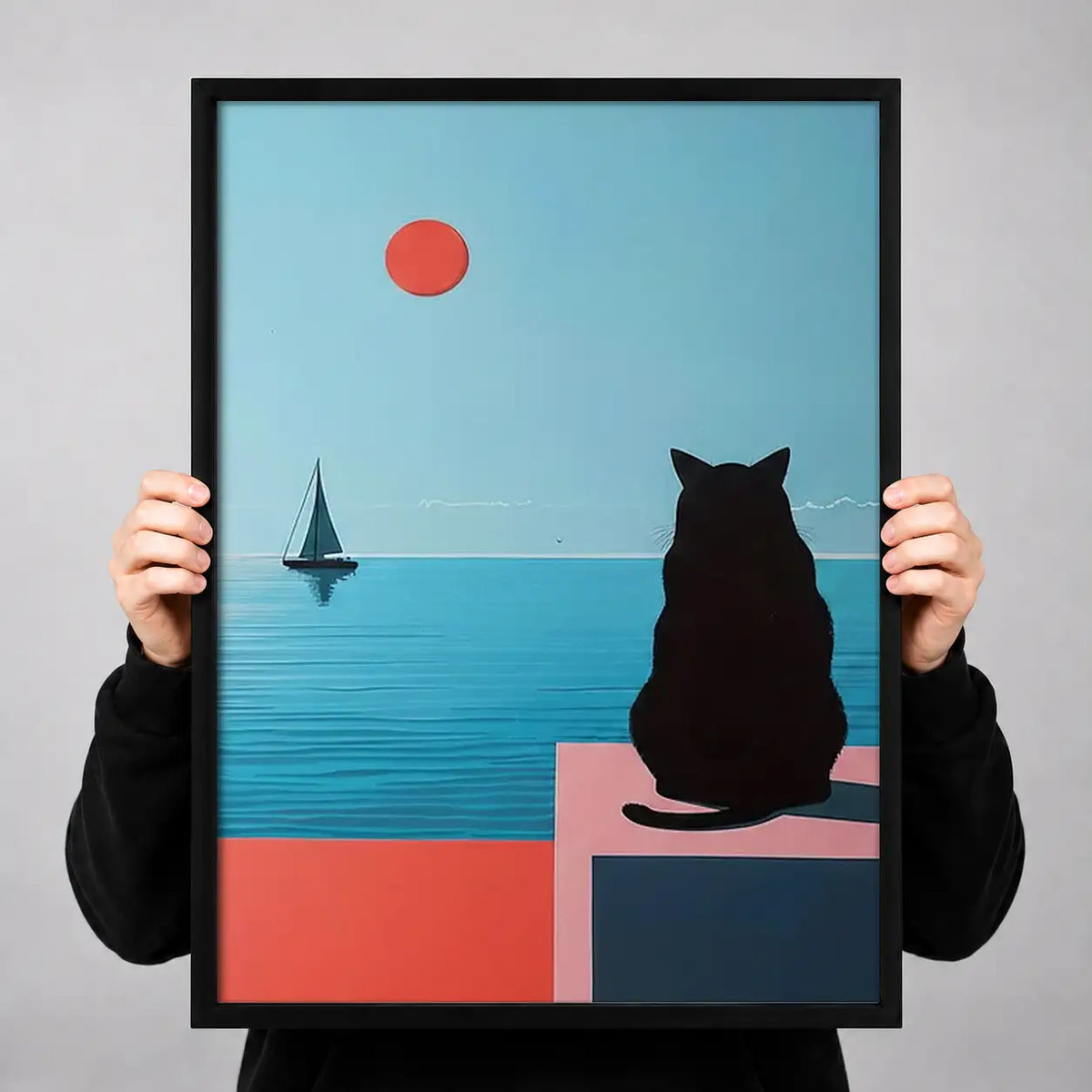 Black Cat Watching Blue Sailboat Wall Art 3