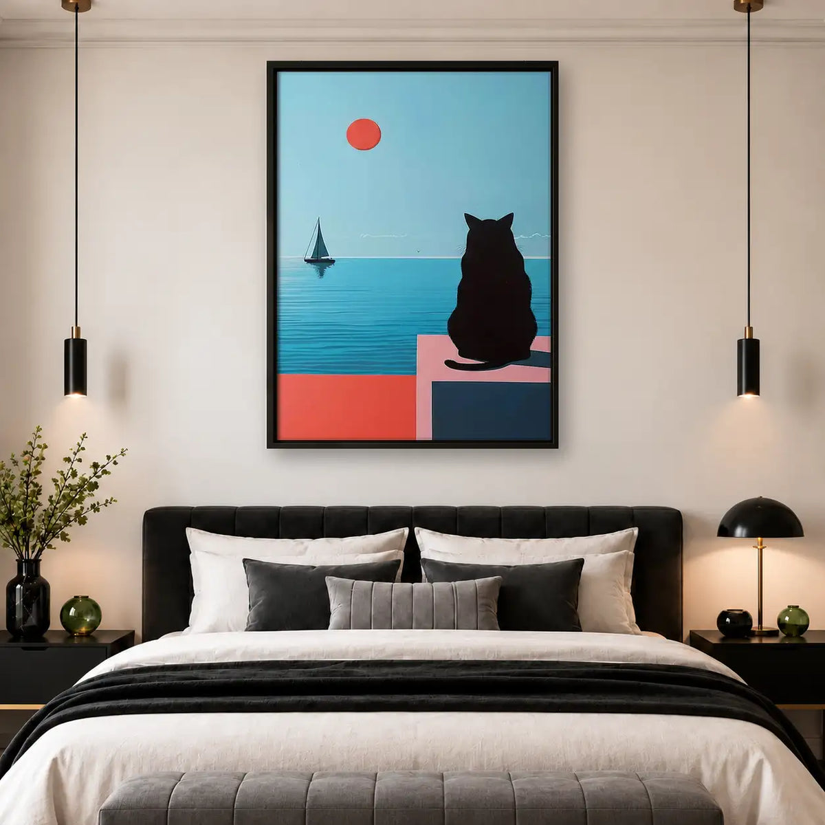 Black Cat Watching Blue Sailboat Wall Art 4
