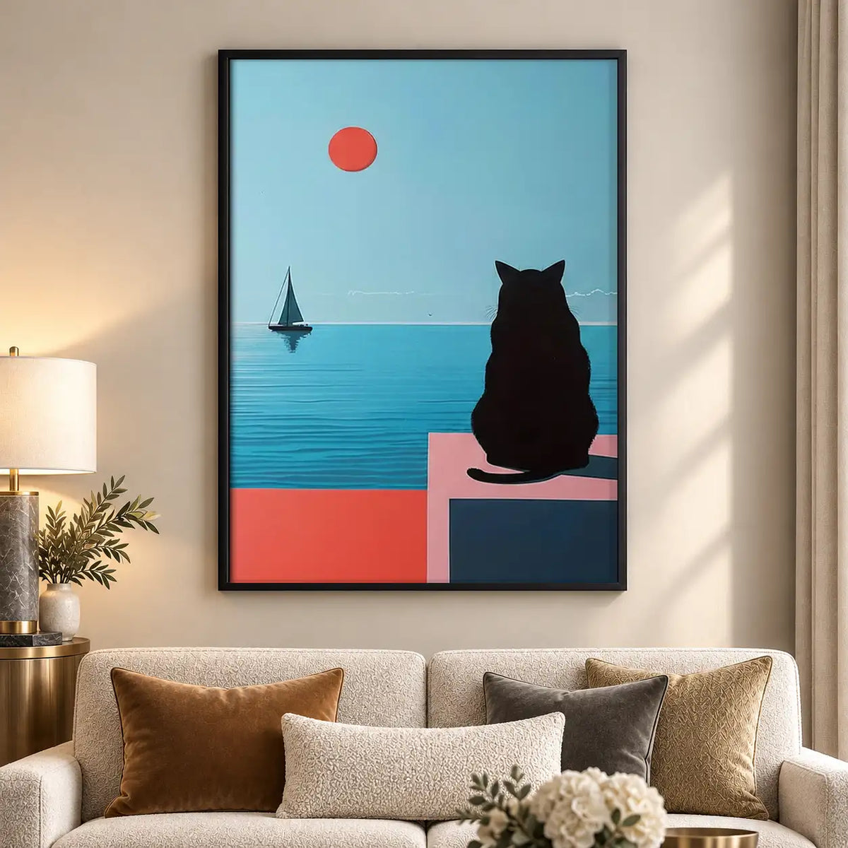 Black Cat Watching Blue Sailboat Wall Art 5