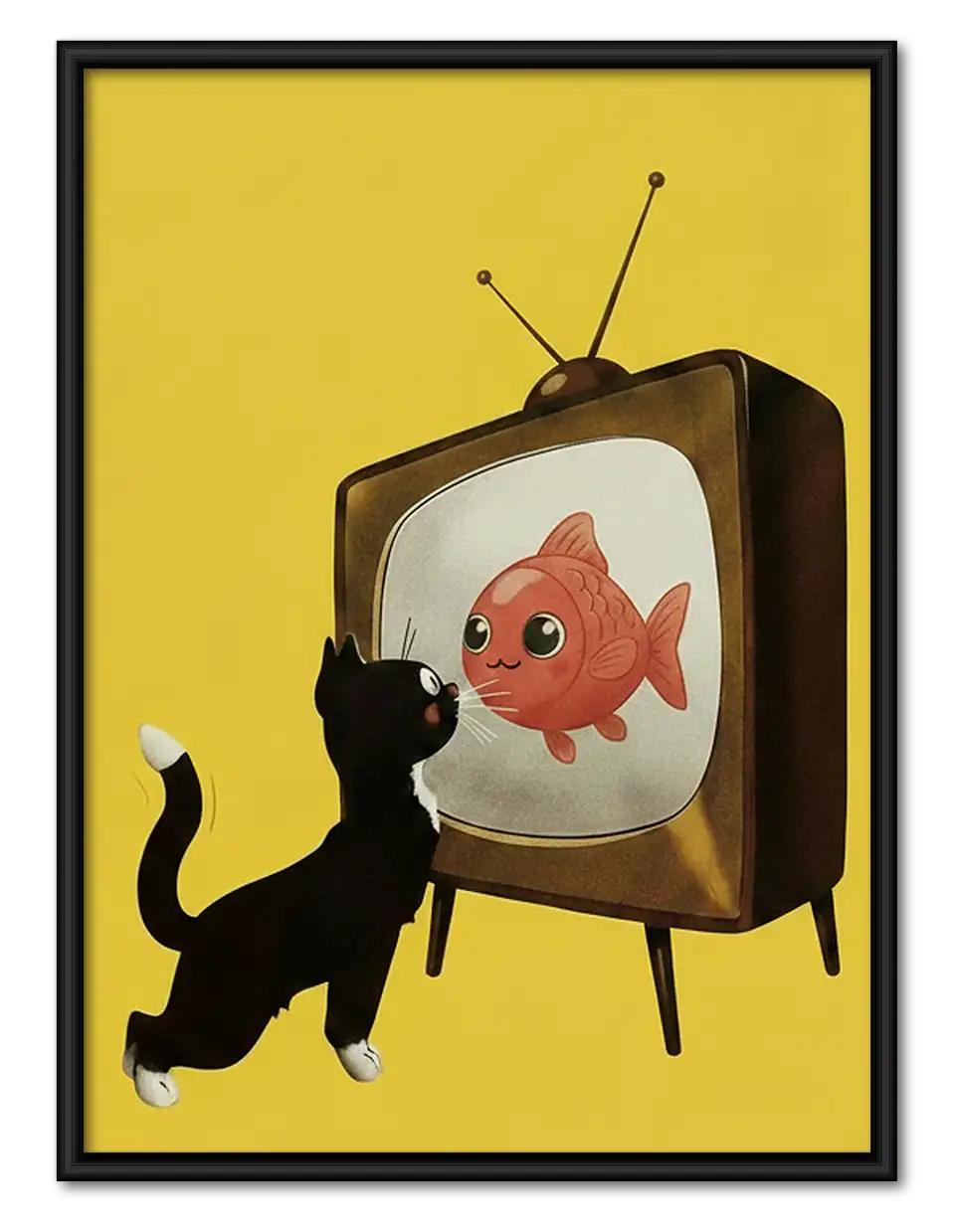 Black Cat Watching Fish on TV Wall Art 1