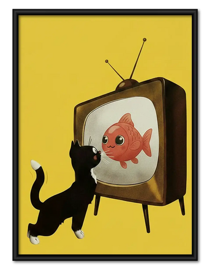 Black Cat Watching Fish on TV Wall Art 1