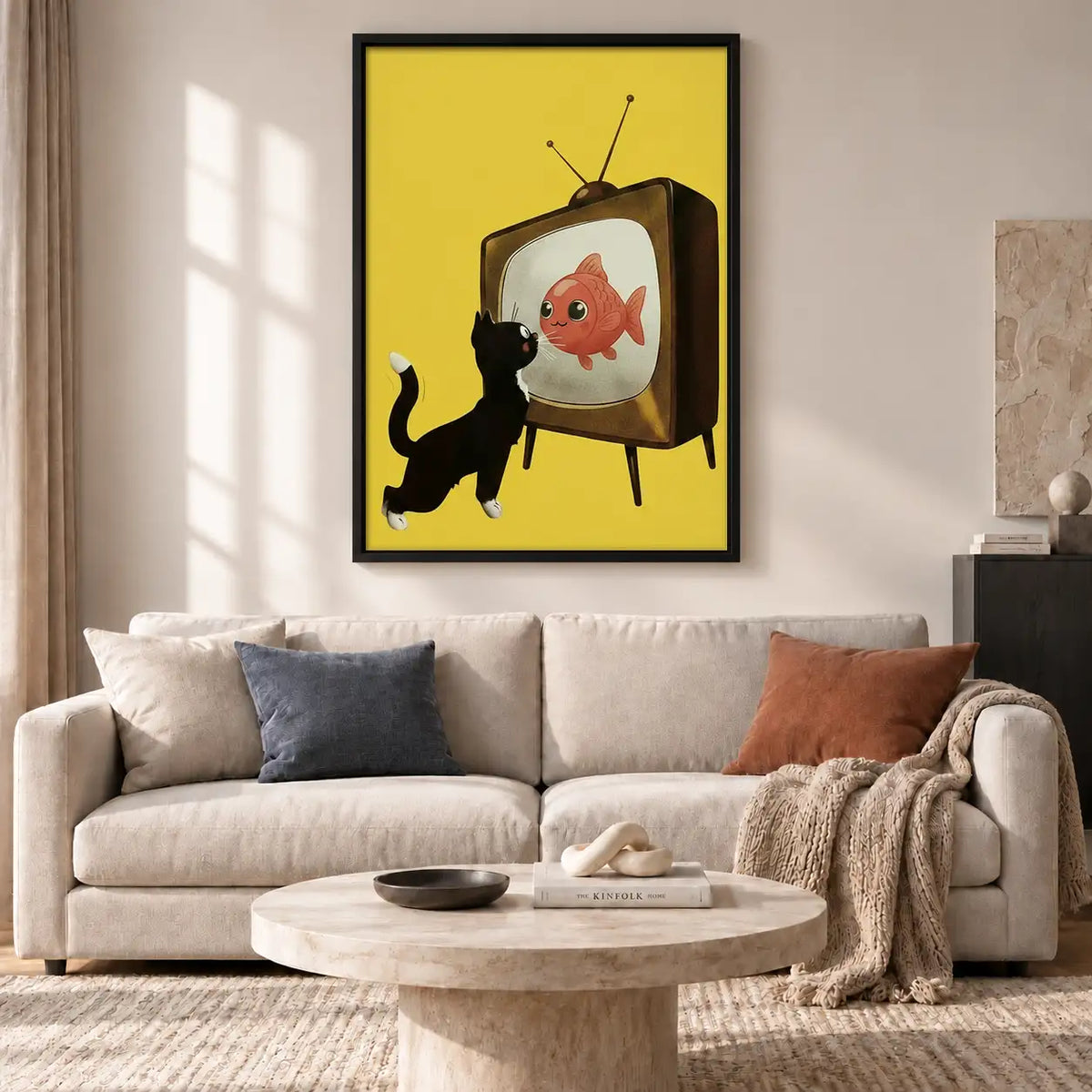 Black Cat Watching Fish on TV Wall Art 2