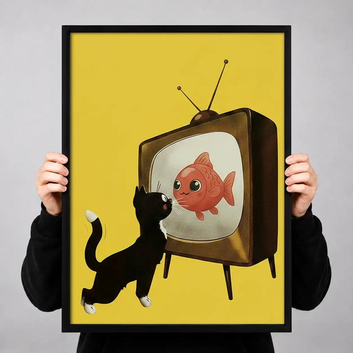 Black Cat Watching Fish on TV Wall Art 3