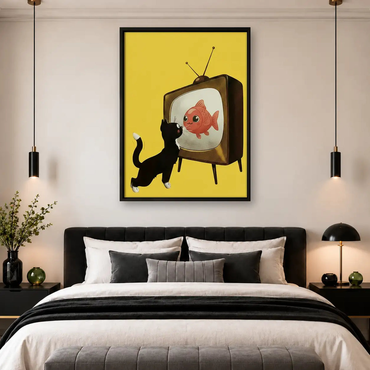 Black Cat Watching Fish on TV Wall Art 4
