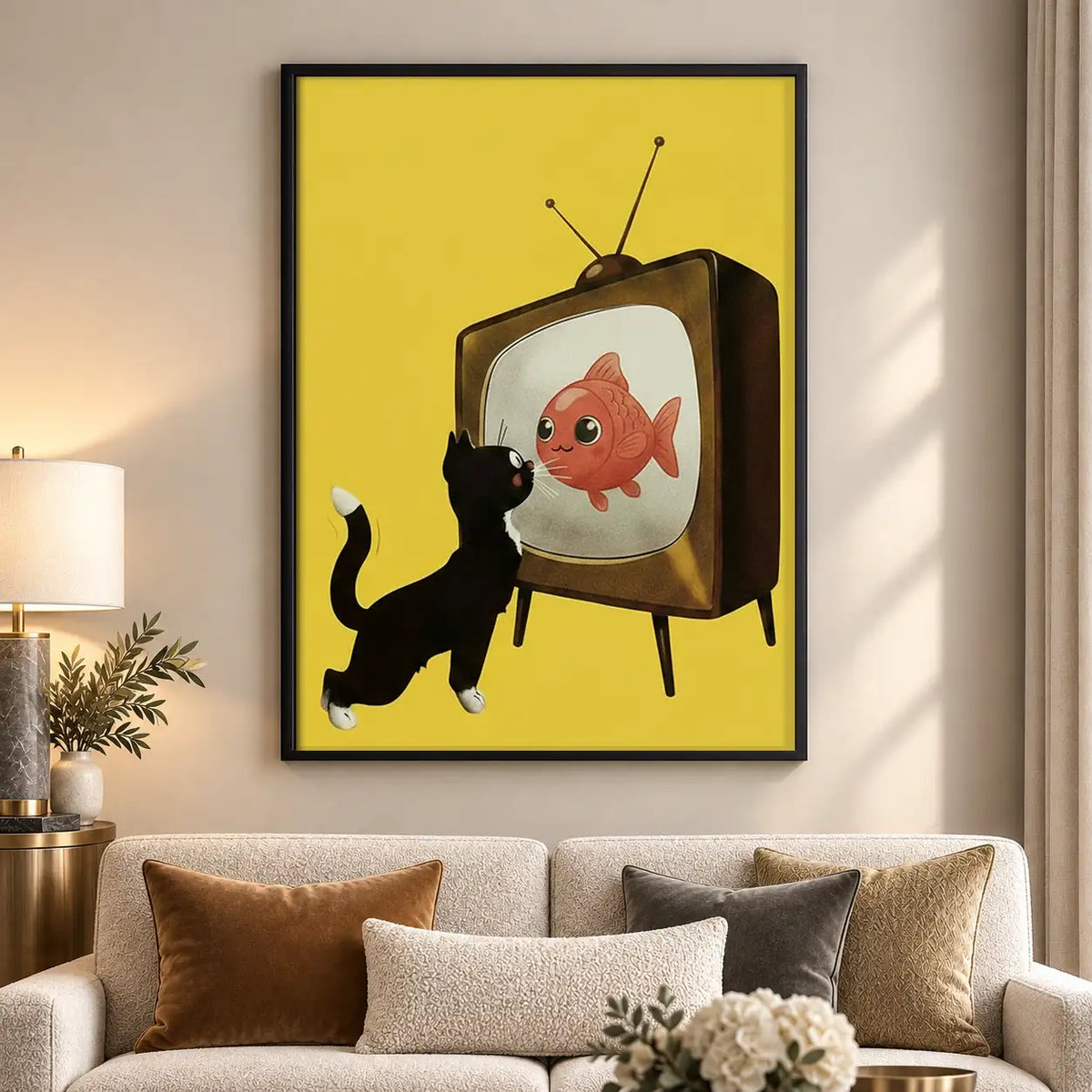 Black Cat Watching Fish on TV Wall Art 5
