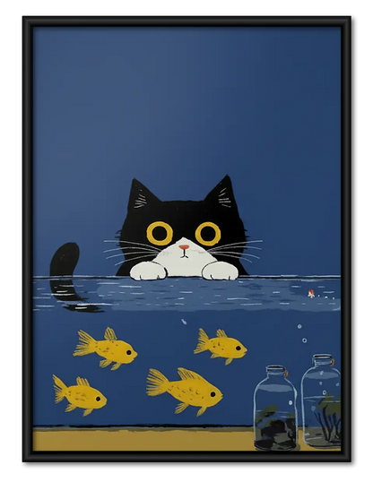 Black Cat Watching Golden Fish Wall Art 1