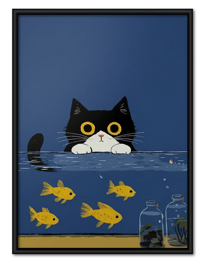Black Cat Watching Golden Fish Wall Art