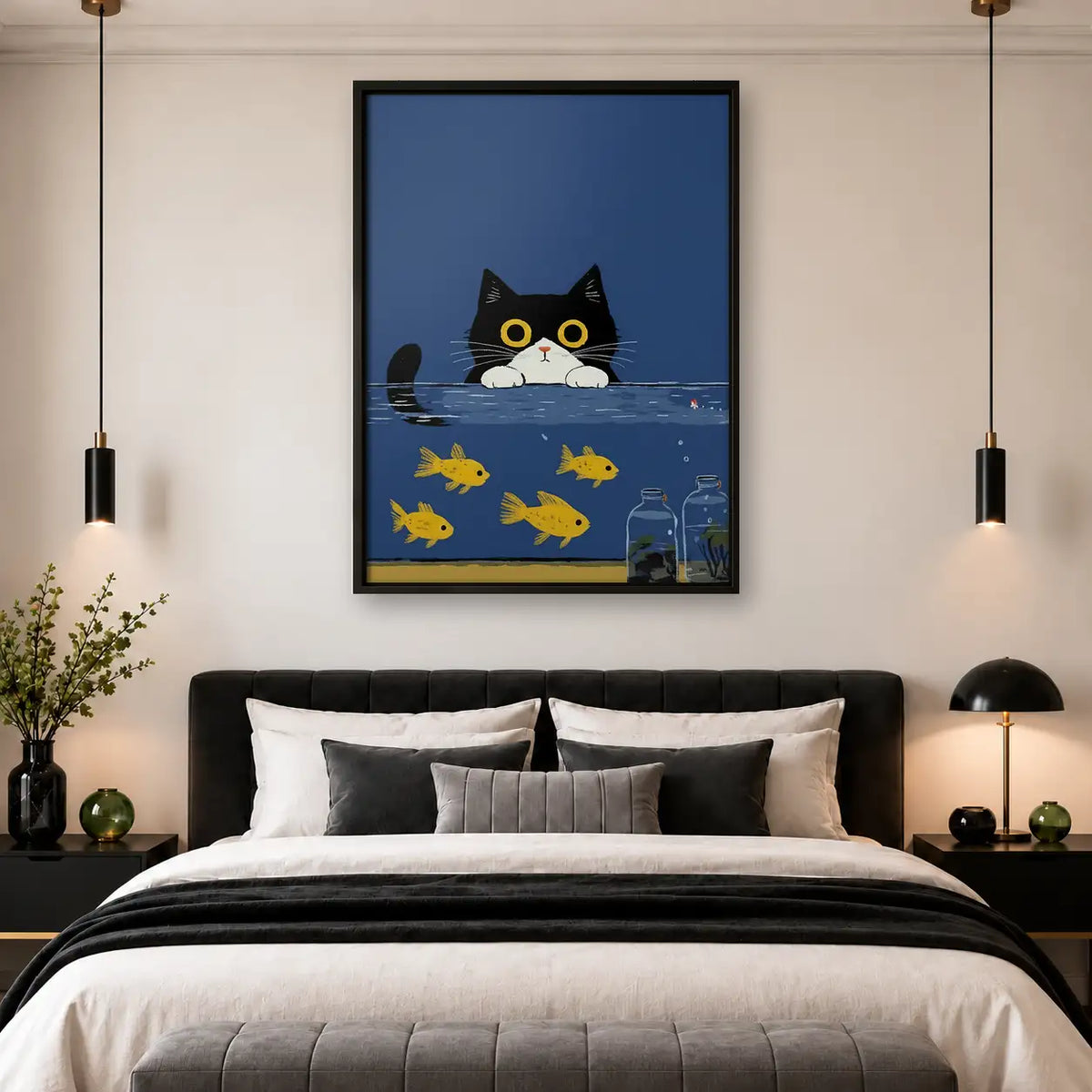 Black Cat Watching Golden Fish Wall Art 4