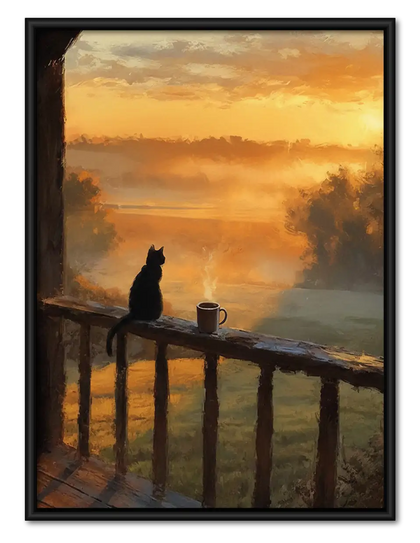 Black Cat Watching Golden Sunset Wall Art