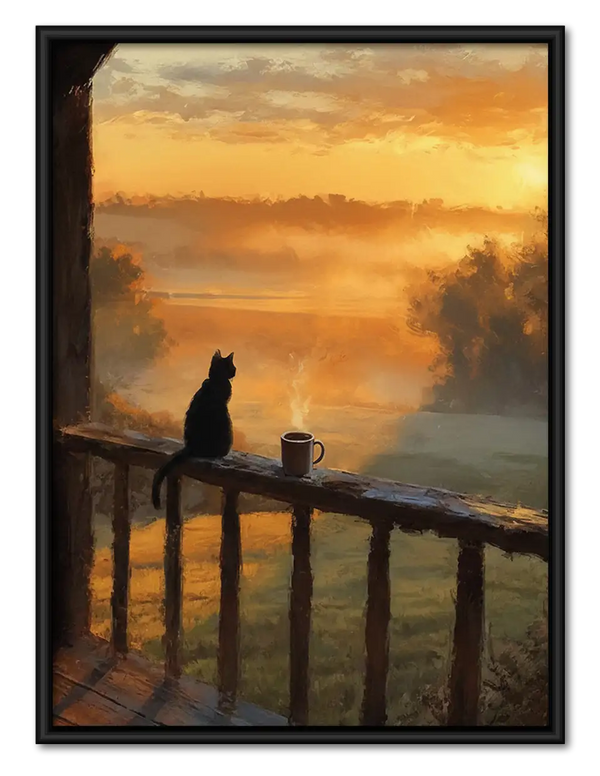 Black Cat Watching Golden Sunset Wall Art