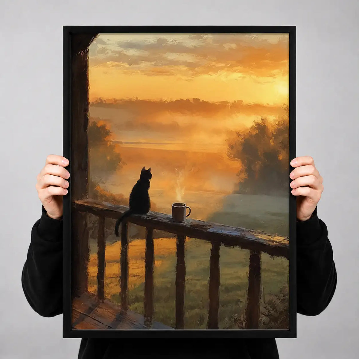 Black Cat Watching Golden Sunset Wall Art 3