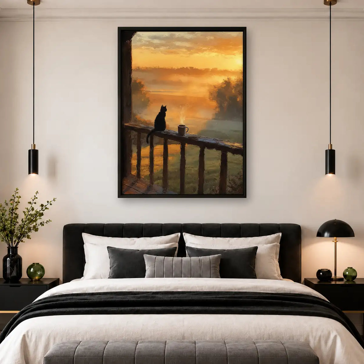 Black Cat Watching Golden Sunset Wall Art 4