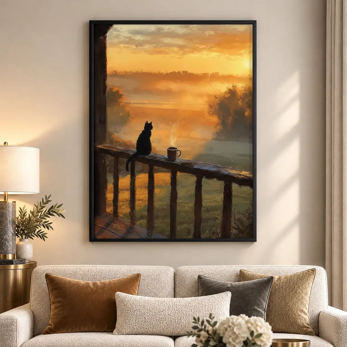 Black Cat Watching Golden Sunset Wall Art 5