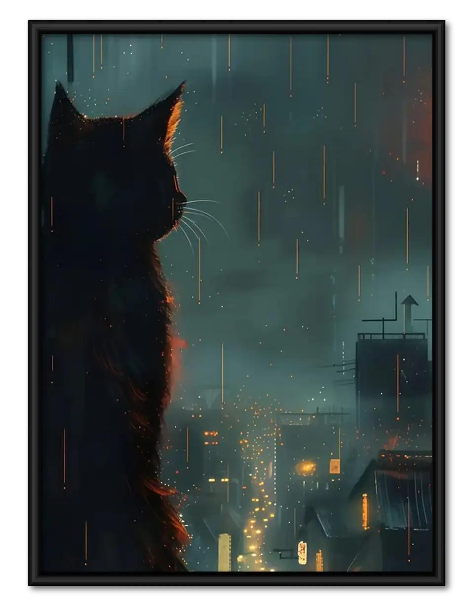Black Cat Watching Rainy City Wall Art 1