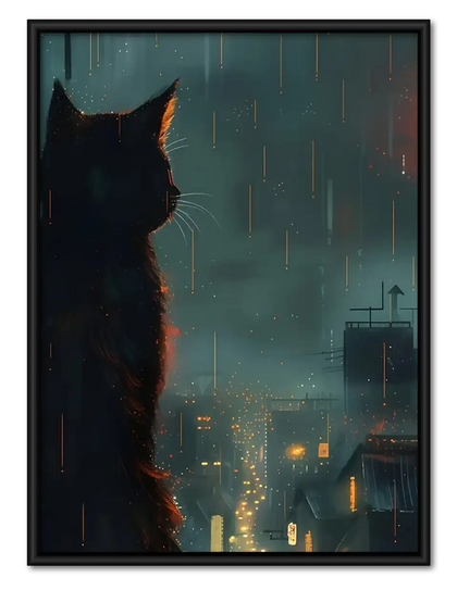 Black Cat Watching Rainy City Wall Art