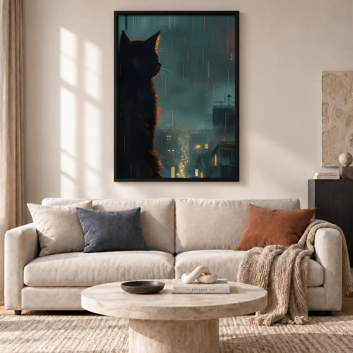 Black Cat Watching Rainy City Wall Art 2
