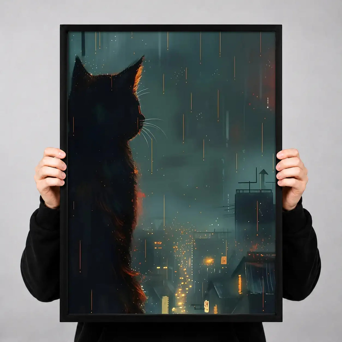Black Cat Watching Rainy City Wall Art 3