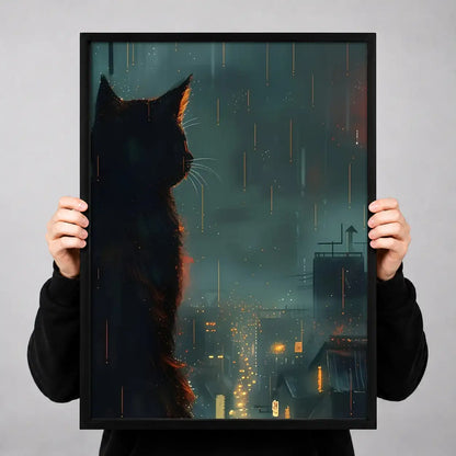 Black Cat Watching Rainy City Wall Art 3