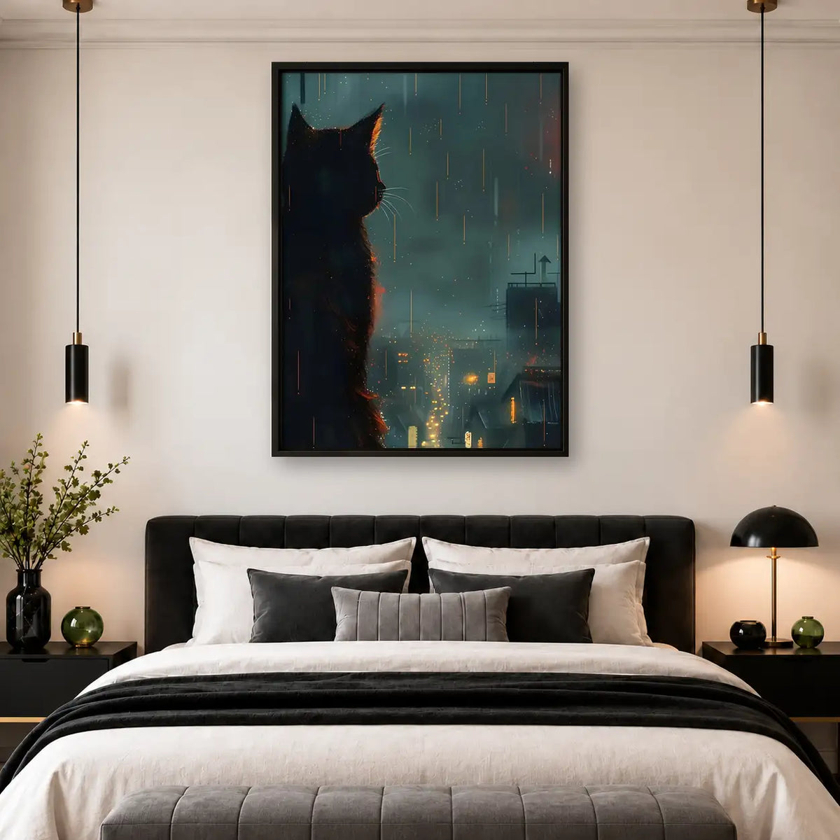 Black Cat Watching Rainy City Wall Art 4
