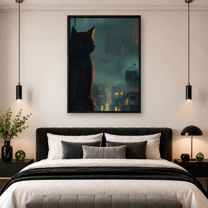 Black Cat Watching Rainy City Wall Art 4