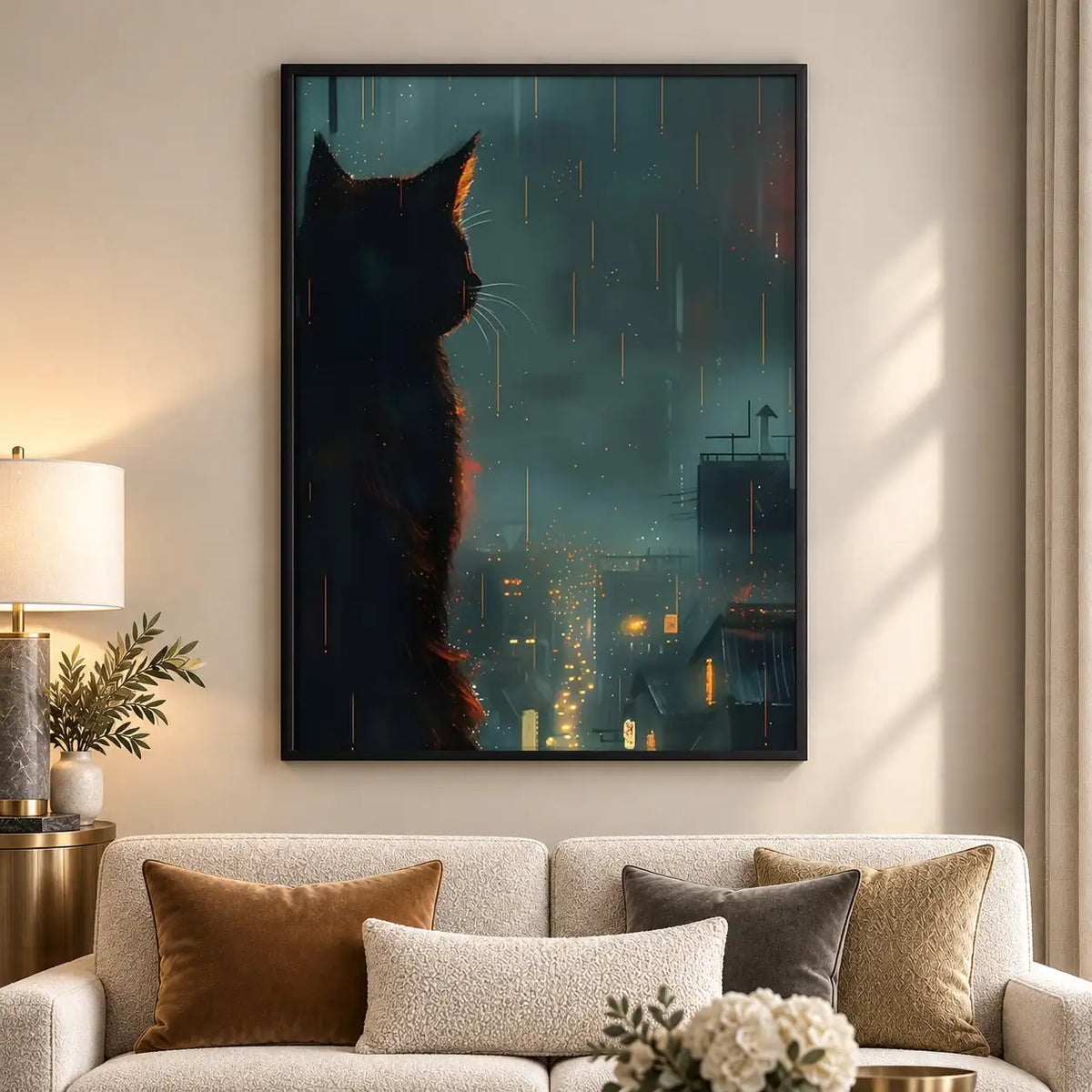 Black Cat Watching Rainy City Wall Art 5