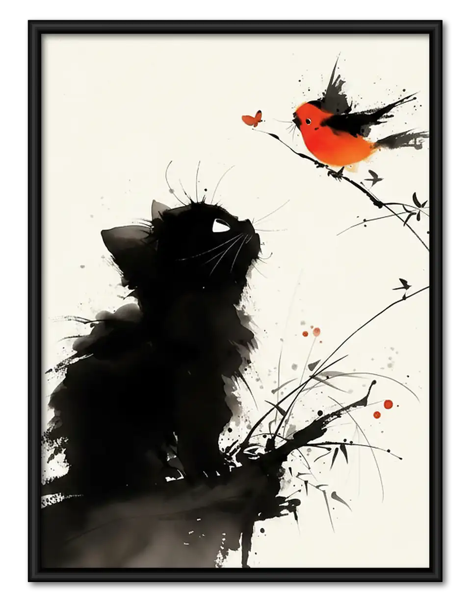 Black Cat Watching Red Bird Wall Art 1