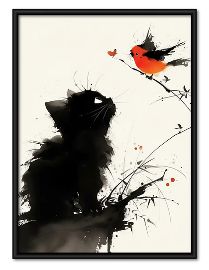 Black Cat Watching Red Bird Wall Art