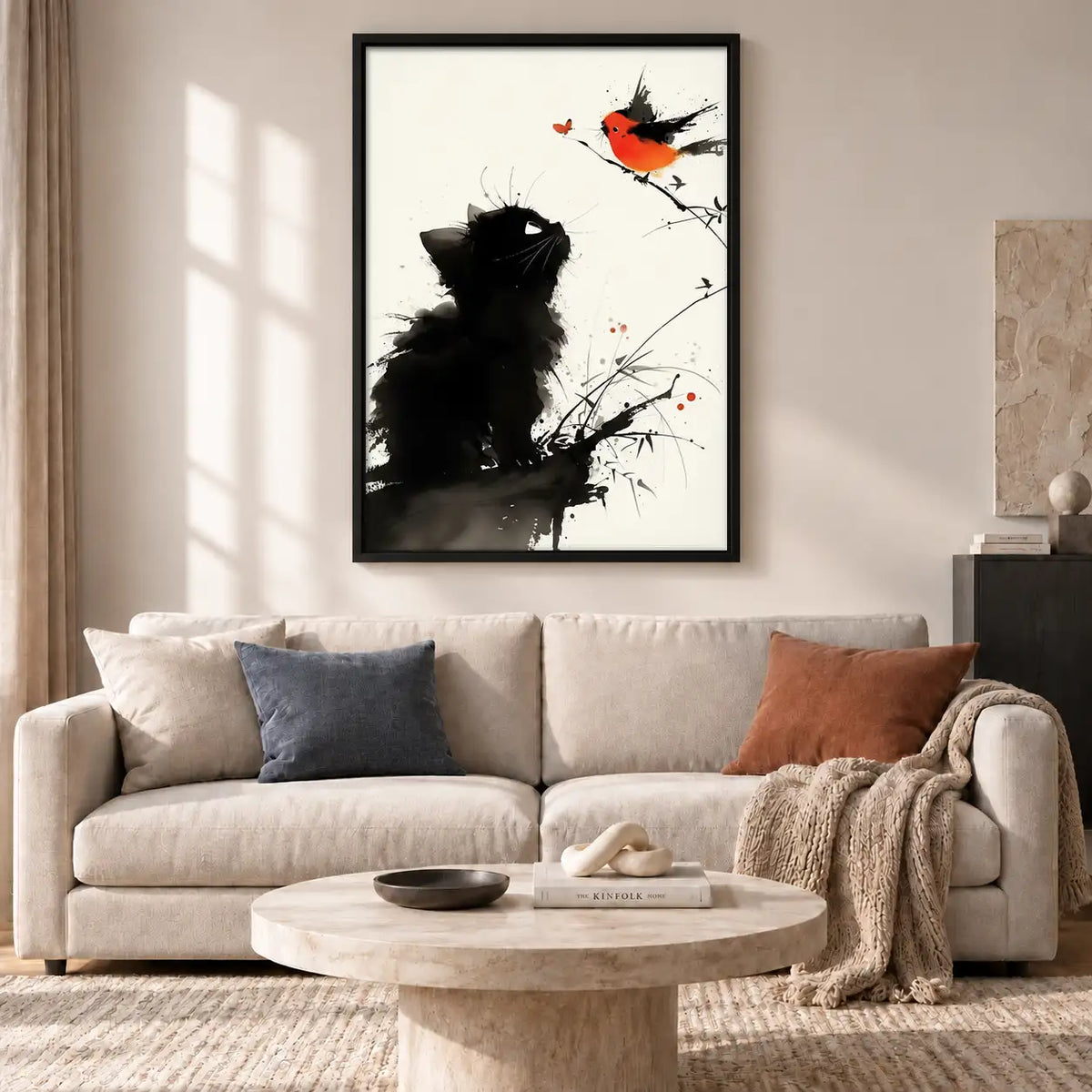 Black Cat Watching Red Bird Wall Art 2